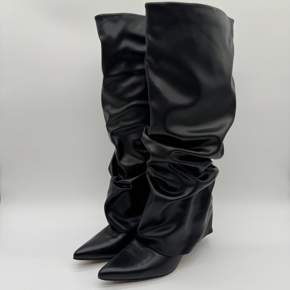 Slouchy Knee High Boots Womens 7.5 Black Pointed Toe Kitten Heel Pull On